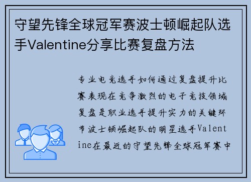 守望先锋全球冠军赛波士顿崛起队选手Valentine分享比赛复盘方法